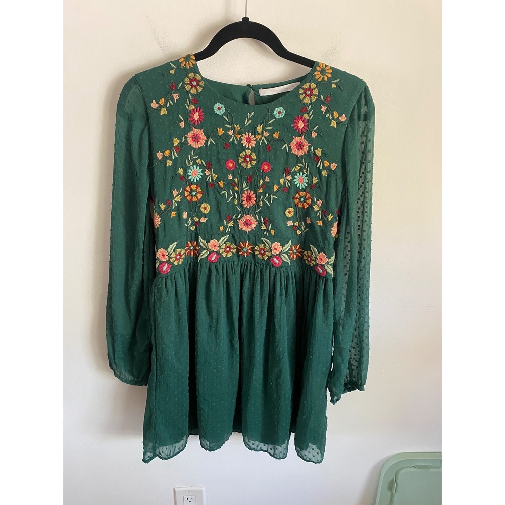 Zara Trafaluc Green Embroidered Floral Swiss Dot‎ Boho Mini Dress Womens Medium